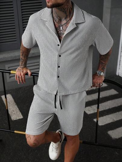 Manfinity CasualCool 秋季男士服装，2025 秋季男士服装，2 件套宽松落肩男士针织纹理短袖衬衫，男士两件套服装，男士休闲装和极简主义百搭，适合日常通勤旅行，