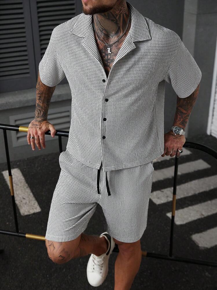 Manfinity CasualCool 秋季男士服装，2025 秋季男士服装，2 件套宽松落肩男士针织纹理短袖衬衫，男士两件套服装，男士休闲装和极简主义百搭，适合日常通勤旅行， - 黑與白 - 查看 1