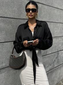 DAZY Camisa de mujer con diseño de cinturón, unicolor, manga larga - Negro - Ver 3