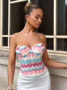 Glamine Sexy Jacquard Knit Patchwork Contrast Color Ruffle Trim Underwire Bustier Top For Women