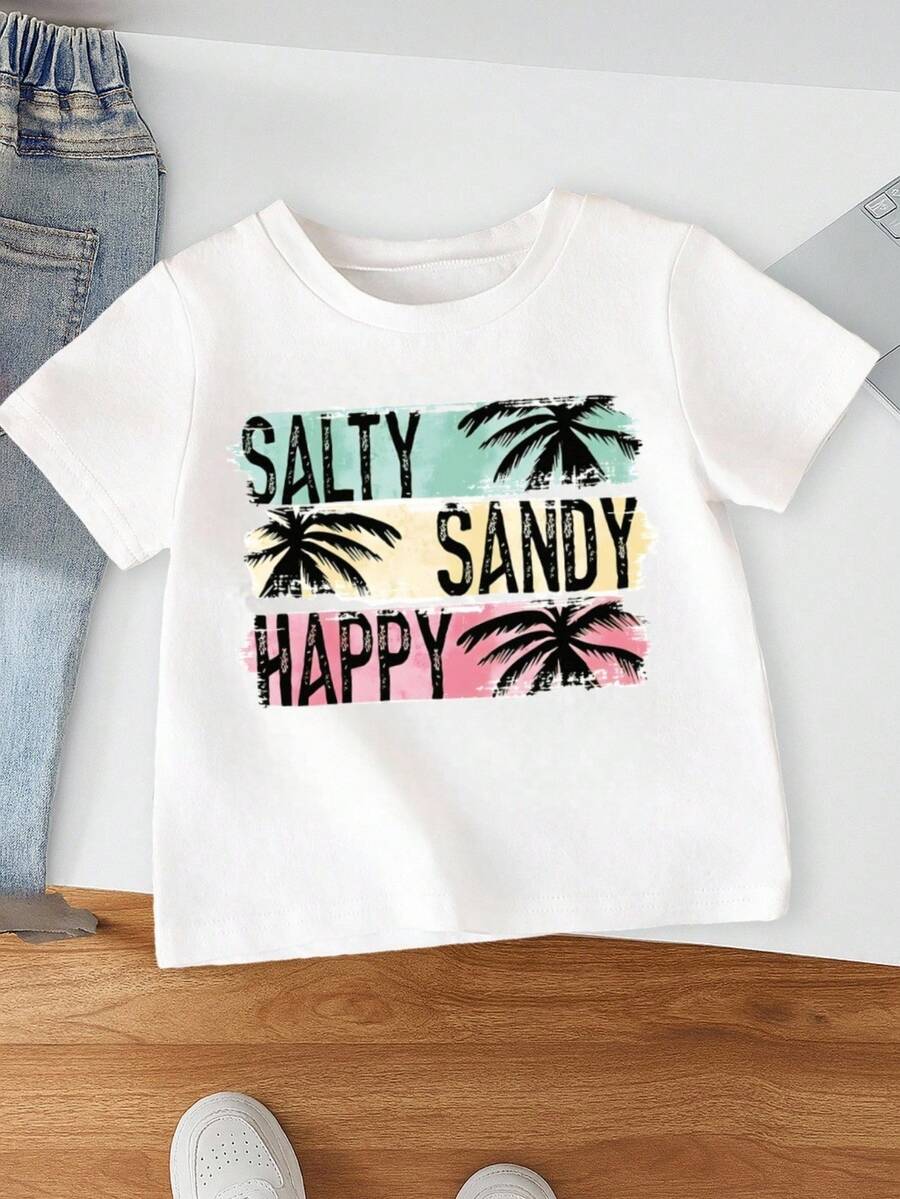 SHEIN 男童圓領字母印花短袖T恤，夏季款