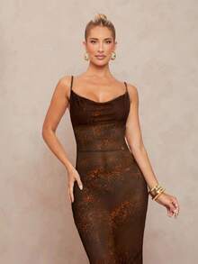 Lumalex 经典豹纹印花低胸细肩带透视紧身美人鱼连衣裙，大腿高开衩，系带 - 棕色 - 查看 5