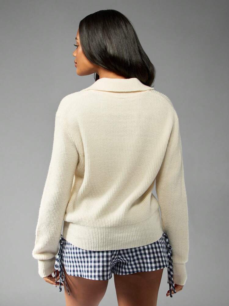 MISSGUIDED Collared Ribbed Knit Pullover Sweater Winter Button Long Sleeve Cozy Warm Casual Fall Holiday Cream Jumper