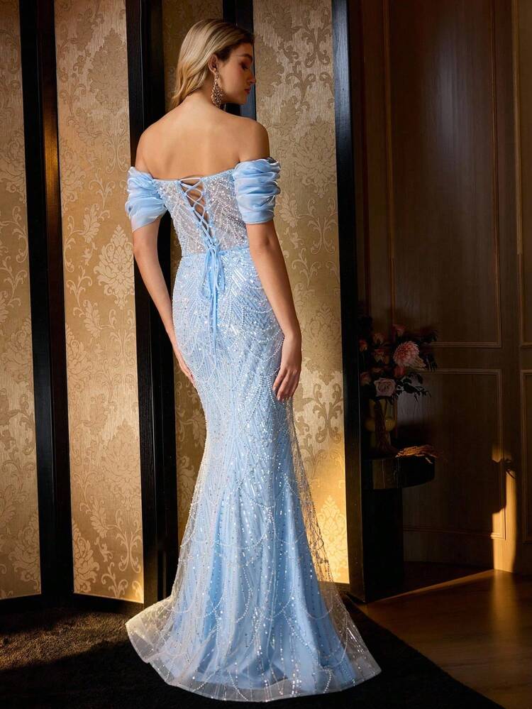 MOTF Soiréza ELEGANT STRAPS SHORT SLEEVE FAUX PEARL AND SEQUINS MERMAID HEM MAXI EVENING PARTY GOWN WITH BACK TIE DETAILING FOR WEDDINGS & SUMMER FORMAL EVENTS