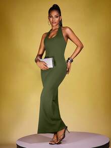 INAWLY Váy suông ôm dáng đơn sắc dành cho nữ, mùa hè - xanh quân đội - Xem 1