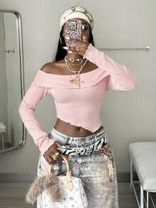 Coolane Women's Fall Y2K Rave Festival Going Out Renaissance Fair Clubs Rib Knit Off The Shoulder Pink Long Sleeve Tee - Pink - View 5