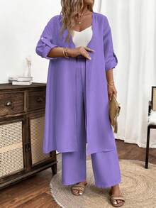 Linhara Plus-Size Ladies' Woven Leisure Vacation Summer Two Pieces Set - Purple - View 4