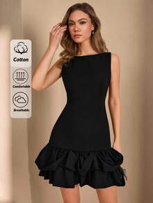 CLARA VERO Soft-Feel Woven Fabric Red Sleeveless Mini Dress With Ruffled Hem Detail - Black - View 1