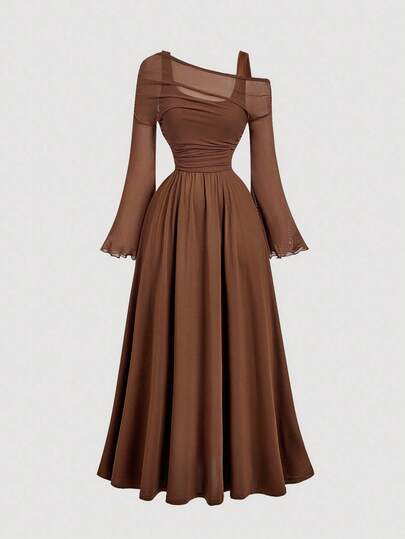 SHEIN MOD Brown Off-Shoulder Mesh 2in1 Trumpet Sleeve Long Sleeve Women's Dress,Western,Vintage,70s,The Bachelorette,Fall,Wedding Guest Dress Women