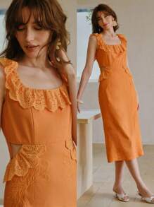 MOTF STUDIO ROMANTIC VACATION RUFFLE TRIM EYELET EMBROIDERED DRESS - Orange - View 8