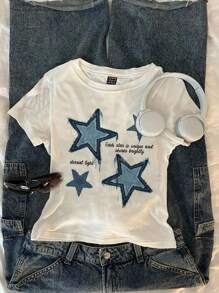 Attitoon 休闲圆领短袖修身女式 T 恤，适合夏季，复古风格，34% 棉，星星印花，Y2K 美学 - 白色 - 查看 4