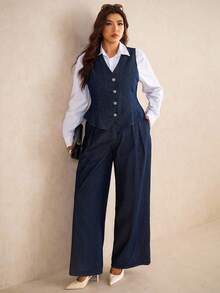 Elaquor Plus Size Dark Blue Denim Two-Piece Sleeveless Vest Plus High Waist Straight Pants Can Be Layered And Worn For An Elegant French Autumn Outfit
