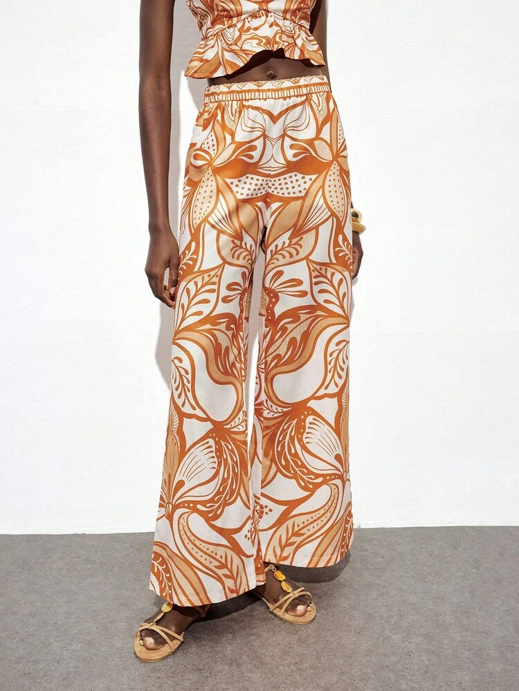 SHEIN Maija Women's Floral Print Elastic Waist Slant Pocket Pants, Urban Commute Business Casual Trousers, Basic Wide Leg Pants, Women's Beach Pants Bohemian Style Island Resort Vintage  Beach Outfits For Women Flower