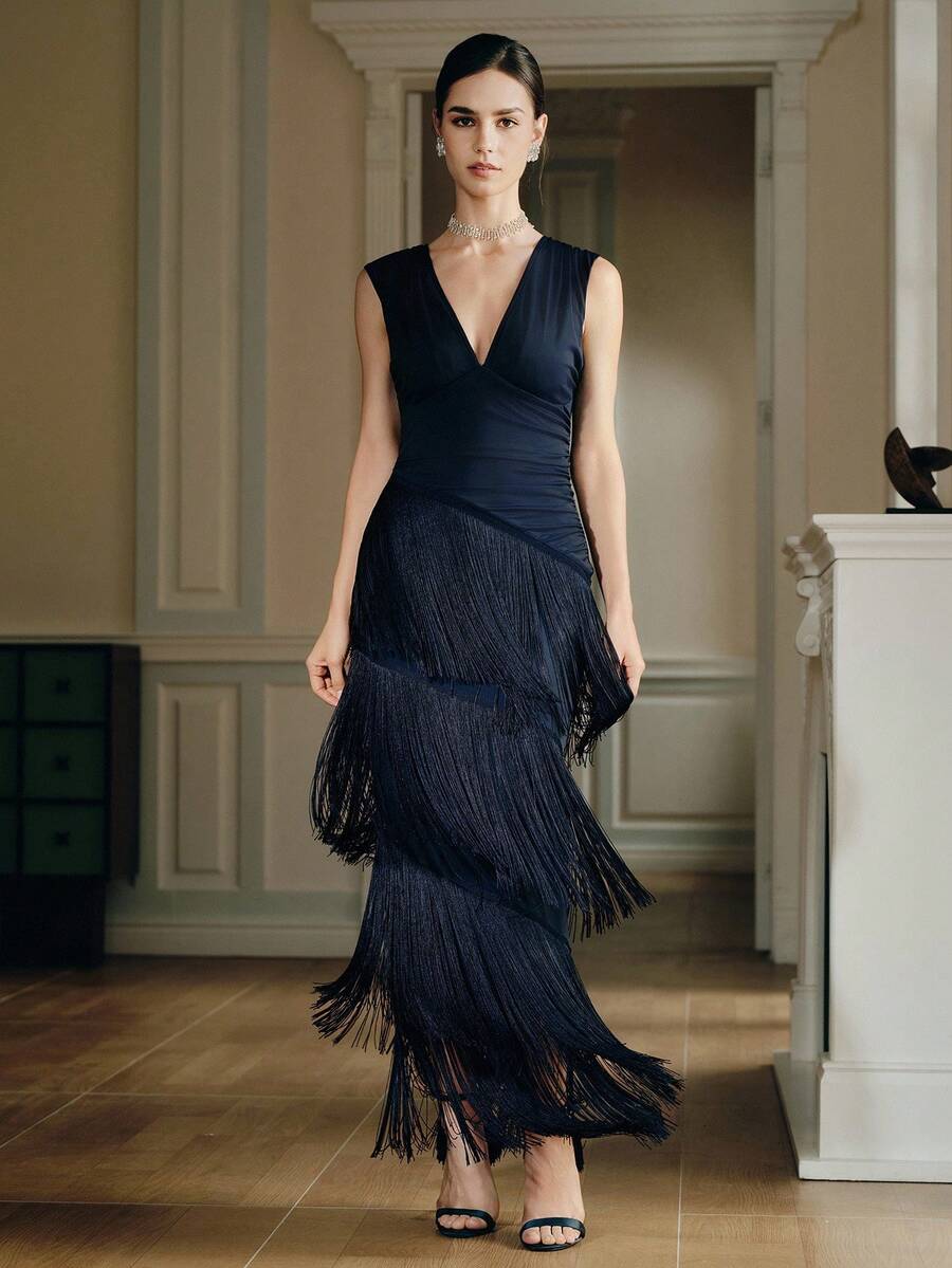 Anewsta 女士新款优雅无袖流苏蓝色长裙，适合宴会、生日派对、酒会