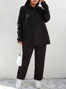 SHEIN Cottnline Cotton Plus Pocket Drop Shoulder Hoodie & Sweatpants - Black - View 4