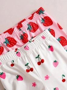 SHEIN 4 件套少女草莓图案针织柔软圆领短袖上衣和松紧腰紧身裤睡衣套装 - 彩色 - 查看 8