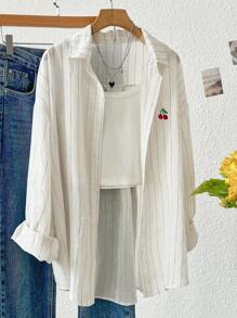 INAWLY 女士休闲条纹樱桃刺绣防晒衬衫，夏季 - 白色 - 查看 1