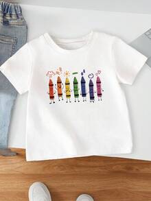 Summer Baby Girl Cartoon Watercolor Pen Print Round Neck Short Sleeve Casual T-Shirt - White - View 1