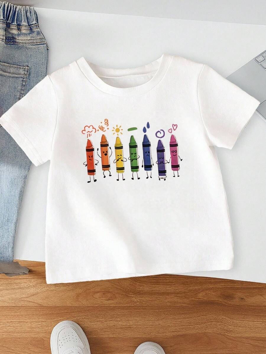 Summer Baby Girl Cartoon Watercolor Pen Print Round Neck Short Sleeve Casual T-Shirt - White - View 1