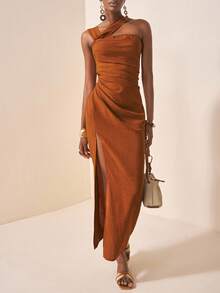 Zivah 2025 夏秋新款优雅纯色锈棕色不对称肩带褶裥开衩女式长裙，度假，日常，外出，通勤，派对，旅行，约会，毕业装，婚礼宾客装，节日-A - 鏽棕色 - 查看 1