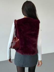 Aloruh Sleeveless Basic Outerwear, Elegant Fashion Faux Fur Coat In Fall/Winter - Burgundy - View 2
