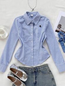 Teen Girls Blue & White Striped Button-Up Embroidered Long Sleeve Blouse, Striped, Preppy, Casual, Back To School/Halloween,Glowmode,Fall,Winter,Autumn