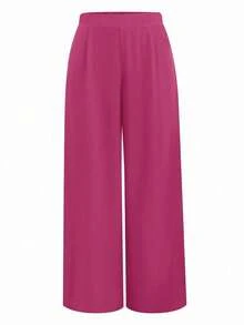 EMERY ROSE 大码女式纯色褶皱阔腿宽松休闲裤 - 玫紅色 - 查看 1