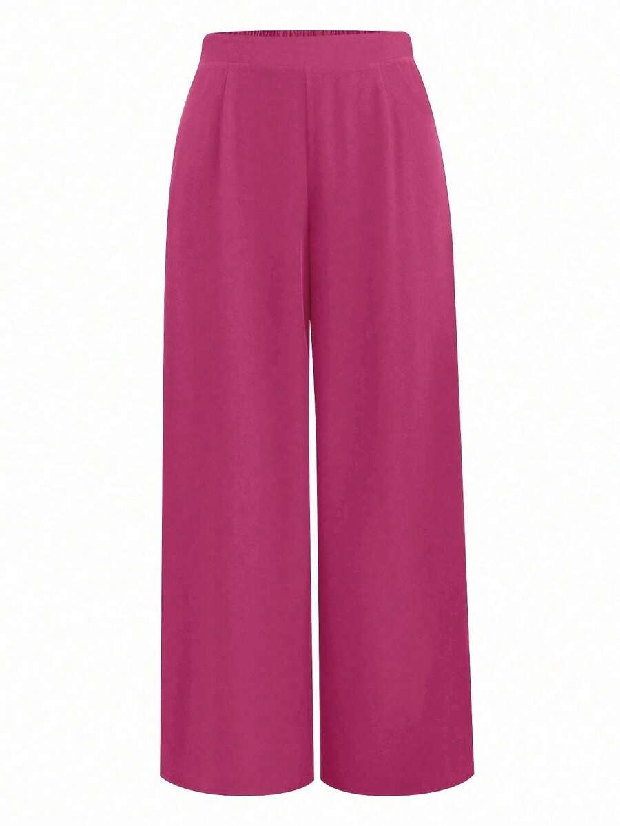 EMERY ROSE 大码女式纯色褶皱阔腿宽松休闲裤 - 玫紅色 - 查看 1