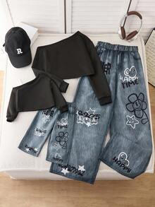 SHEIN 女宝宝秋冬新款时尚斜肩长袖卫衣和裤子两件套 - 黑色 - 查看 7