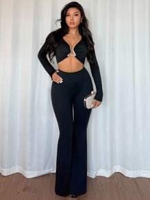 Rafferiza 欧美风格休闲金属装饰腰部收紧长袖性感黑色高弹力女式连体裤 - 黑色 - 查看 5