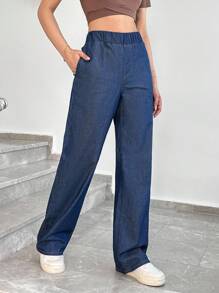 EURMUSE ELASTIC BELT DETAIL  FABRIC RELAXED JEAN WIDE LEG - Dark Wash - View 7