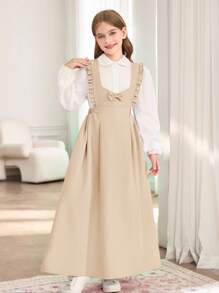 青少年女孩休闲校园风格可爱荷叶边蝴蝶结吊带裙和通勤白衬衫 T 恤套装，校服套装秋冬 - 卡其色 - 查看 4