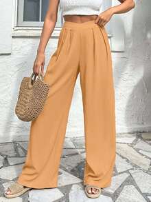 EURMUSE Women's Casual Solid Color Pleated Textured Loose Pants - Camel - View 6