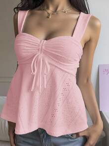 MainGRL Women's Pink Hollow Embroidery Drawstring Detail Casual Tank Top, Summer - Pink - View 4