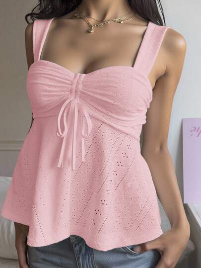 MainGRL Women's Pink Hollow Embroidery Drawstring Detail Casual Tank Top, Summer
