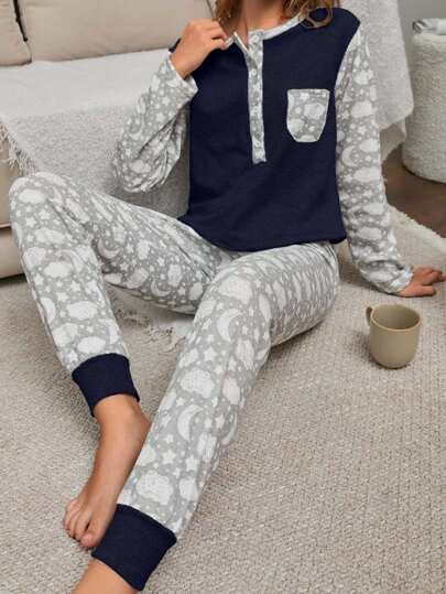 EURMUSE 2-delige katoenen verhoogde stoffen wolken bedrukte zak & lange mouwen shirt en slaapbroek pyjamaset