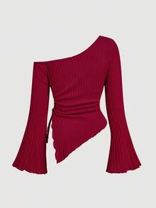 SHEIN MOD Große Größen Damen Rotes T-Shirt mit Kordelzug, asymmetrischem Saum und weiten Ärmeln, Off-Shoulder T-Shirt, Herbstmode für Damen, bequemes T-Shirt