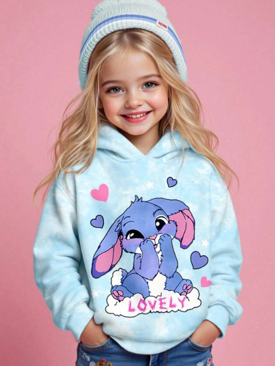 SHEIN Young Girl Cute Cartoon Blue Rabbit Stitch Pattern, Fresh Sky Blue Tie-Dye, Casual Loose Fit Round Neck Comfortable Daily Wear Long Sleeve Sweatshirt, Suitable For Autumn/Winter, Easy Comfort, Autumn Layers For, Stylish, Casual Wear, Graphic, Back To School, Fall, Homecoming - Multicolor - View 1