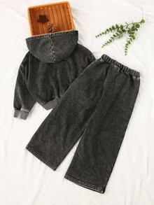 SHEIN Playful Pals Girls Casual Loose Hooded Short Denim Jacket, Soft & Comfortable Straight Leg Denim Pants Set, Versatile & Fashionable For Daily Wear Fall Winter - Black - View 2