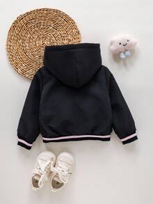 SHEIN Baby Girls Cute Versatile Black Thermal Lined Hoodie Jacket, Autumn/Winter Fall - Black - View 2