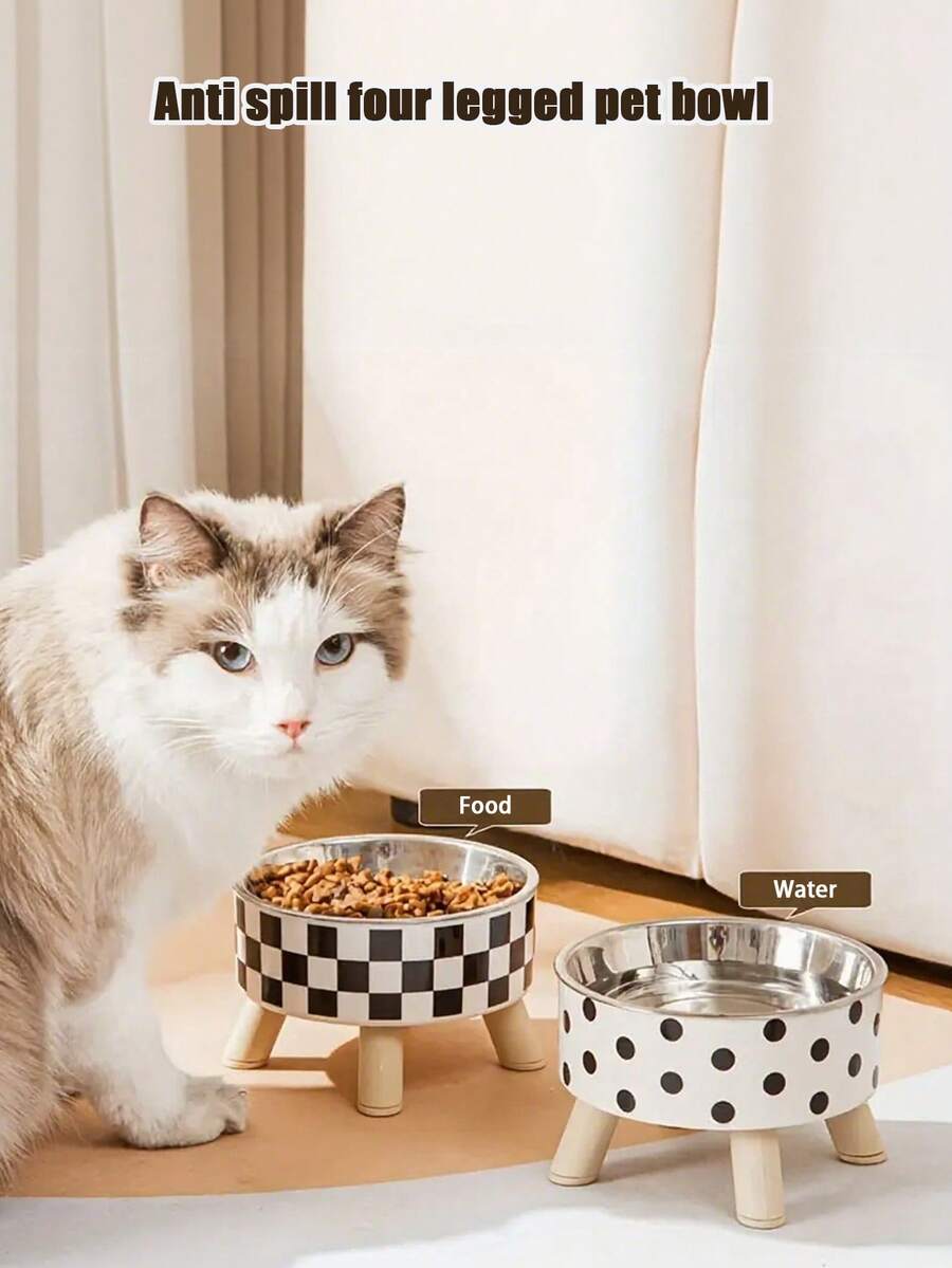 PETSIN 1-Piece Premium Stainless Steel And Plastic Pet Bowl - White Checkered Design - Suitable For Cats - Easy To Install, Super Easy To Clean, Durable - Let Your Beloved Pet Enjoy Fun And Stylish Mealtimes! - Multicolor - View 1