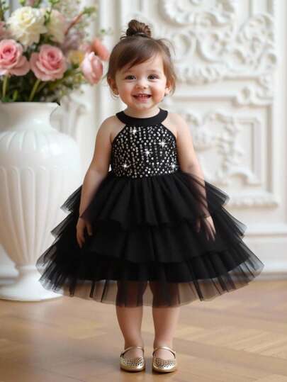 Babygirl 优雅可爱的串珠网眼黑色连衣裙、礼服