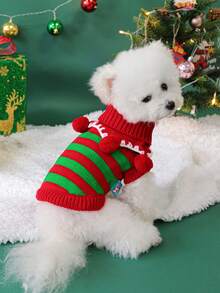PETSIN 1 buah Sweater Natal Bergaris Merah dan Hijau untuk Hewan Peliharaan, Kucing dan Anjing Lucu Mengenakan Pakaian Hangat Musim Gugur dan Musim Dingin - Garis merah dan hijau - View 3