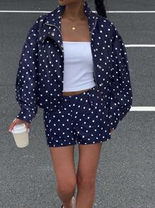 Muchica 2025 秋季女款海军蓝波点印花长袖拉链夹克和短裤休闲宽松两件套，Y2K 服装，返校季，2000 年代街头时尚，垃圾摇滚和朋克