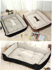 SHEIN 柔软舒适的狗床垫，配有随机咬绳，防滑底部，多种尺寸 - 填充聚酯纤维，骨头图案设计，带侧面的狗床，狗床，中型犬狗床，适合猫和小型犬的宠物床屋 - 黑色 - 查看 5