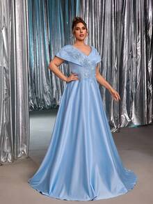 Glamrae 加大码优雅浪漫奢华 3D 花卉设计缎面喇叭袖长裙，适合晚会、约会、舞会、毕业典礼、婚礼、正式场合（重磅装饰） - 藍色 - 查看 2