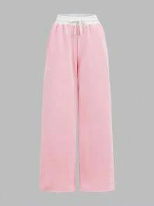 SHEIN Quần nỉ dệt kim màu hồng nhạt có dây rút tương phản, dáng rộng thoải mái, phong cách học viện thể thao cổ điển, thường ngày cho nữ sinh trung học - Màu Hồng baby - Xem 3