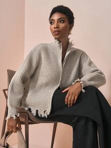 Zivah 秋冬新款时尚女宽松针织开衫外套韩版做旧超大毛衣外套 - 灰色 - 查看 1