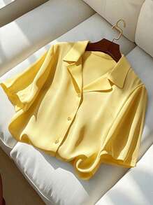 Franclia Plus Size Women's Solid Color Revere Collar Short Sleeve Button Casual Loose Office/Commute Elegant Blouse