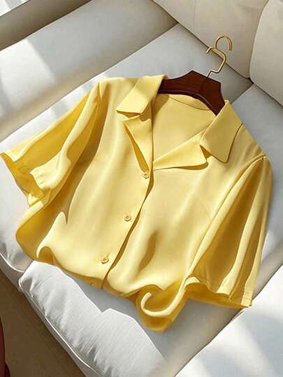 Franclia Plus Size Women's Solid Color Revere Collar Short Sleeve Button Casual Loose Office/Commute Elegant Blouse